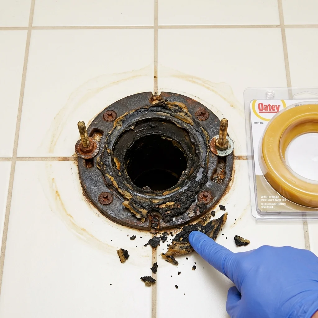 Failed wax ring showing water seepage at the base of a toilet in a Arcadia, FL home