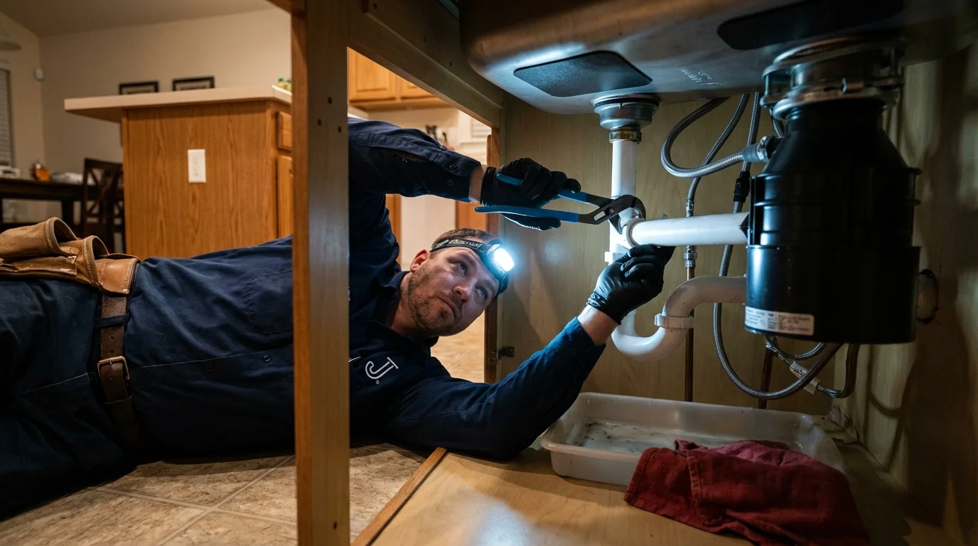 P-trap and supply line connections under a kitchen sink showing a common leak point in Arcadia, FL